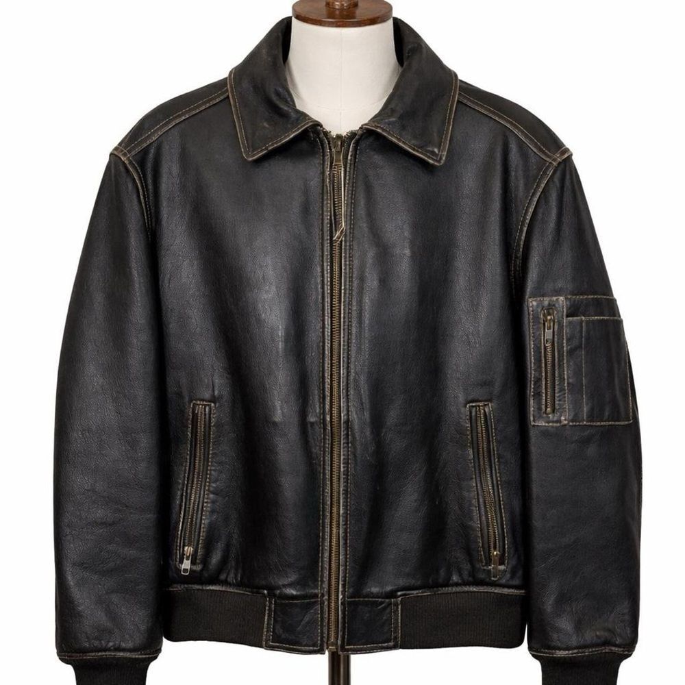 Roundtree & Yorke Leather Bomber Jacket Black Moto Classic Mens Small